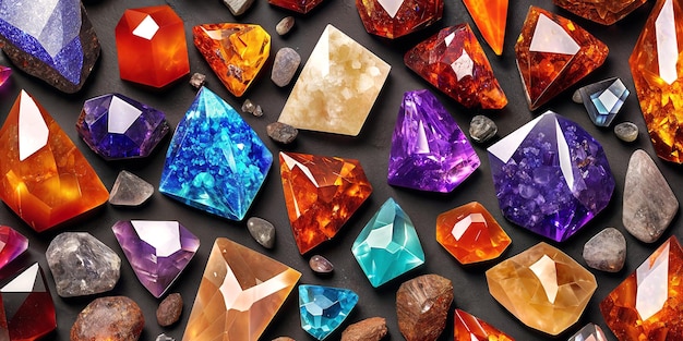 A lot of crystals and gemstones on a dark background Natural minerals such as agate amber amethyst quartz and others A scattering of precious stones Generative AI