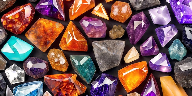 A lot of crystals and gemstones on a dark background Natural minerals such as agate amber amethyst quartz and others A scattering of precious stones Generative AI