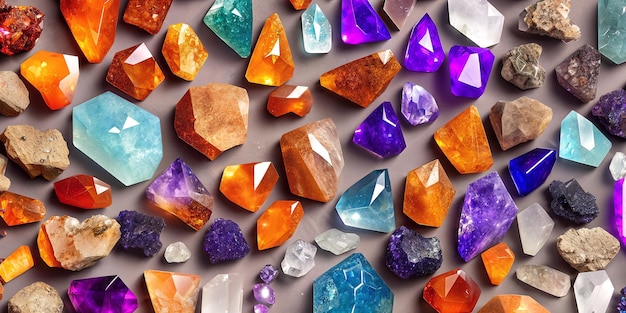 A lot of crystals and gemstones on a dark background Natural minerals such as agate amber amethyst quartz and others A scattering of precious stones Generative AI