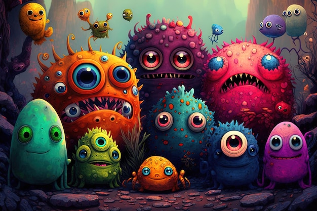 A lot of cute little monsters illustrations