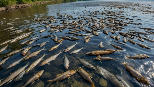 A lot of dead fish on the river surface top view