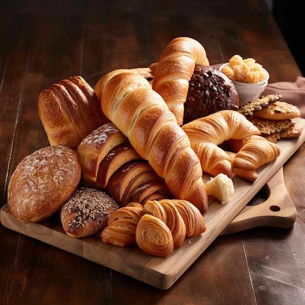 Lot of different bread in a basket on a wooden table white background