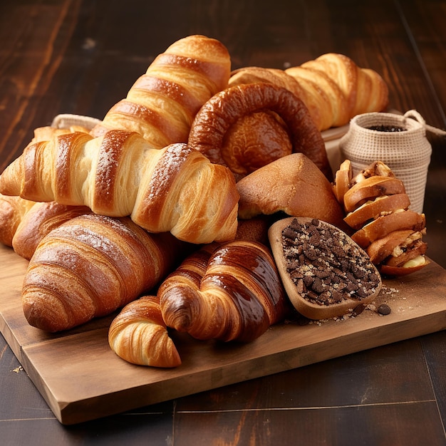 Lot of different bread in a basket on a wooden table white background