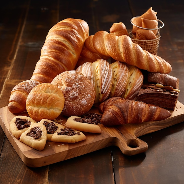 Lot of different bread in a basket on a wooden table white background