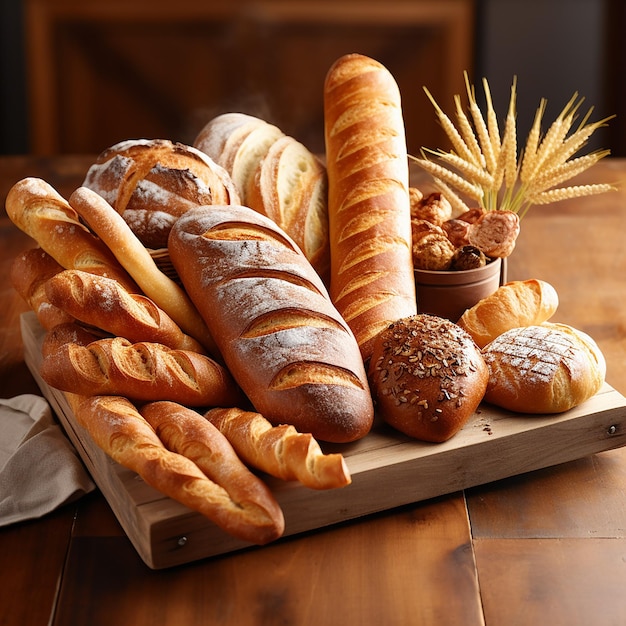 Lot of different bread in a basket on a wooden table white background