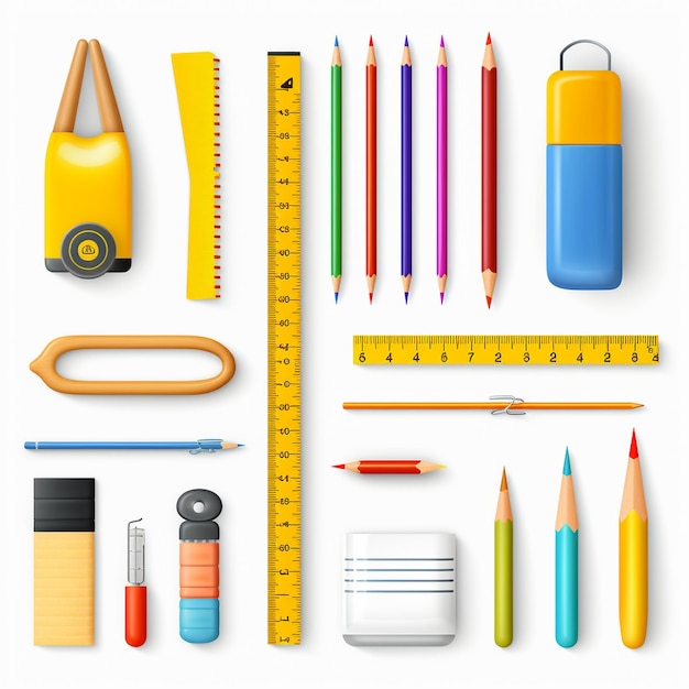 Photo a lot of different school supplies on a white background pictures separately cartoon style 3d