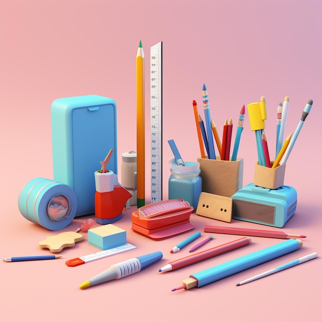 Photo a lot of different school supplies on a white background pictures separately cartoon style 3d