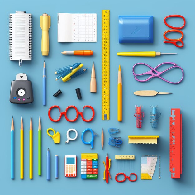 Photo a lot of different school supplies on a white background pictures separately cartoon style 3d