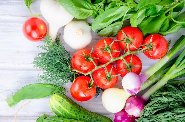 Lot of fresh summer seasonal vegetables