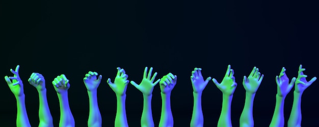 Lot of hands in neon light on a dark background, 3d illustration