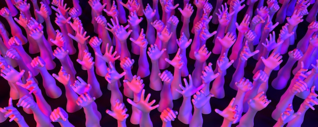 Lot of hands in neon light on a dark background, 3d illustration