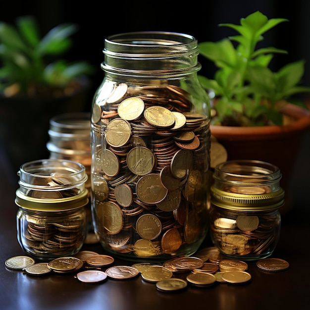 A lot of jars with a stack of coins in it symbolizing the economic grow Investment concept