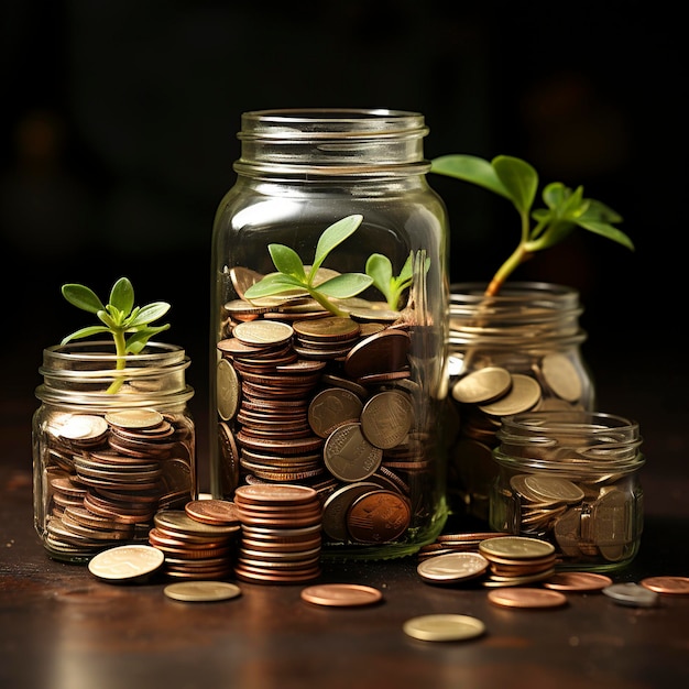 A lot of jars with a stack of coins in it symbolizing the economic grow Investment concept