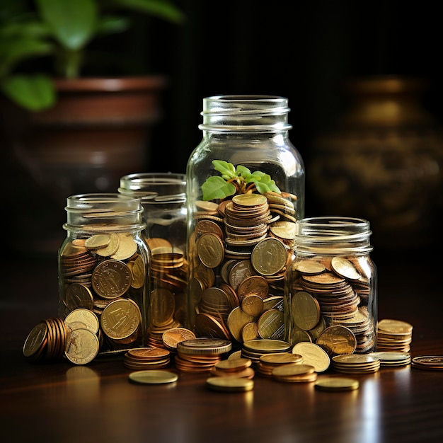 A lot of jars with a stack of coins in it symbolizing the economic grow Investment concept