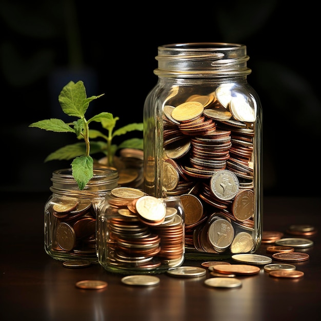 A lot of jars with a stack of coins in it symbolizing the economic grow Investment concept