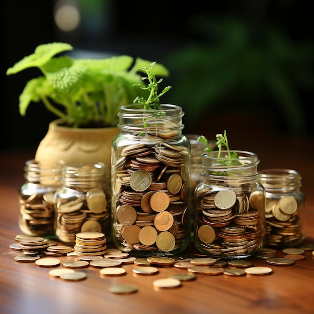 A lot of jars with a stack of coins in it symbolizing the economic grow Investment concept