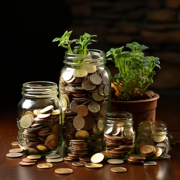 A lot of jars with a stack of coins in it symbolizing the economic grow Investment concept