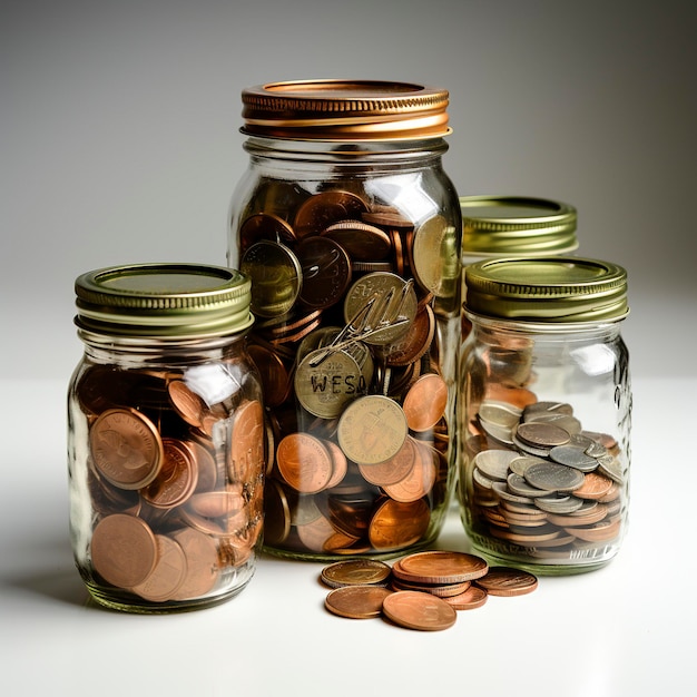 A lot of jars with a stack of coins in it symbolizing the economic grow Investment concept