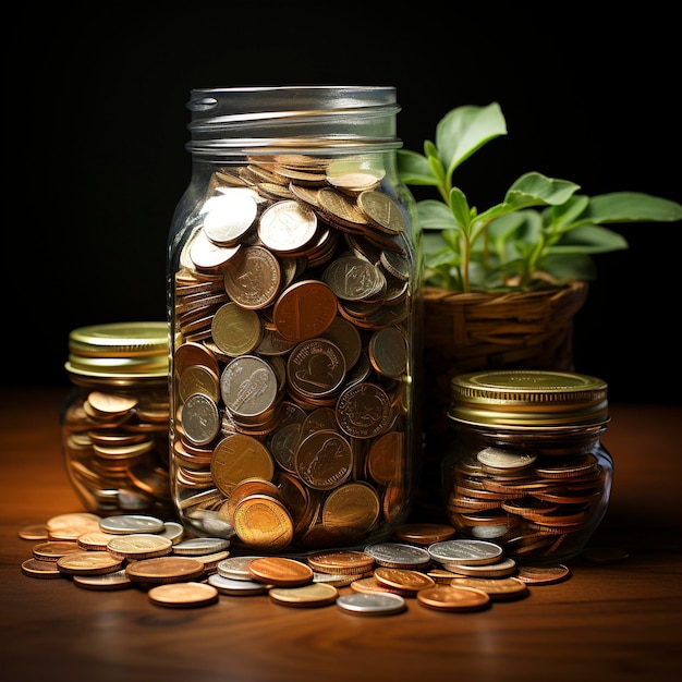 A lot of jars with a stack of coins in it symbolizing the economic grow Investment concept