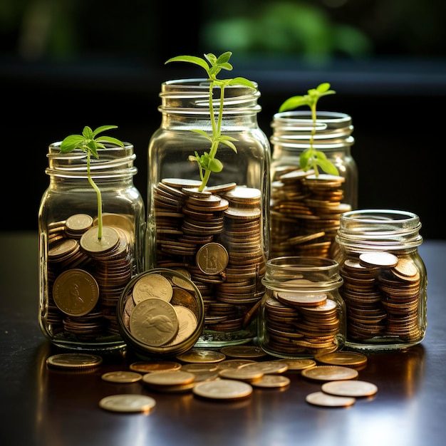 A lot of jars with a stack of coins in it symbolizing the economic grow Investment concept