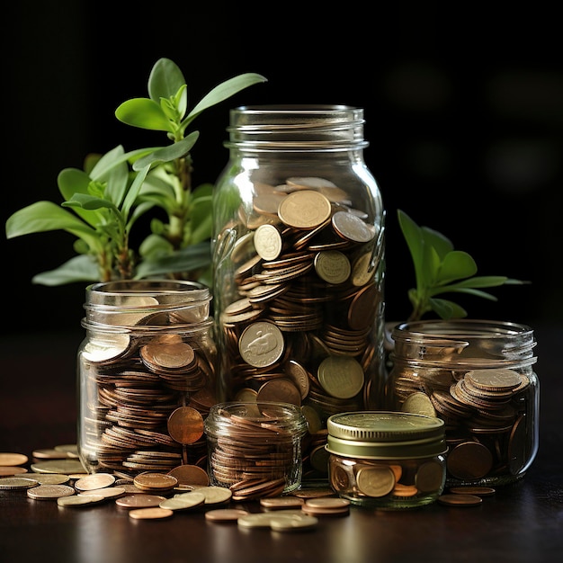 A lot of jars with a stack of coins in it symbolizing the economic grow Investment concept