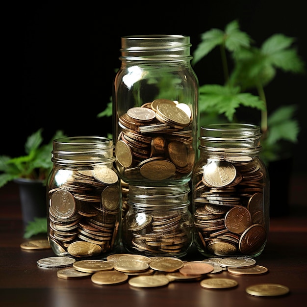 A lot of jars with a stack of coins in it symbolizing the economic grow Investment concept