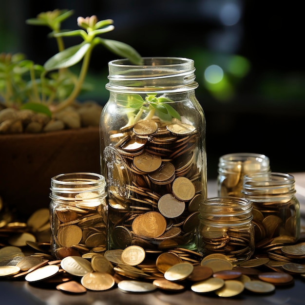 A lot of jars with a stack of coins in it symbolizing the economic grow Investment concept