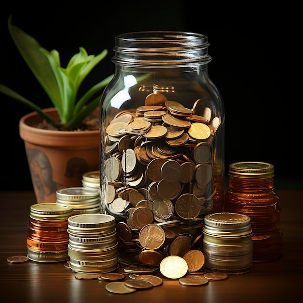 A lot of jars with a stack of coins in it symbolizing the economic grow Investment concept