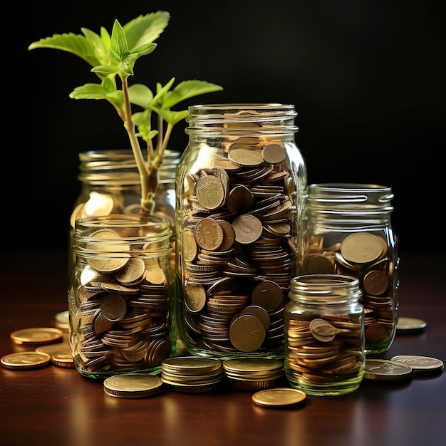 A lot of jars with a stack of coins in it symbolizing the economic grow Investment concept