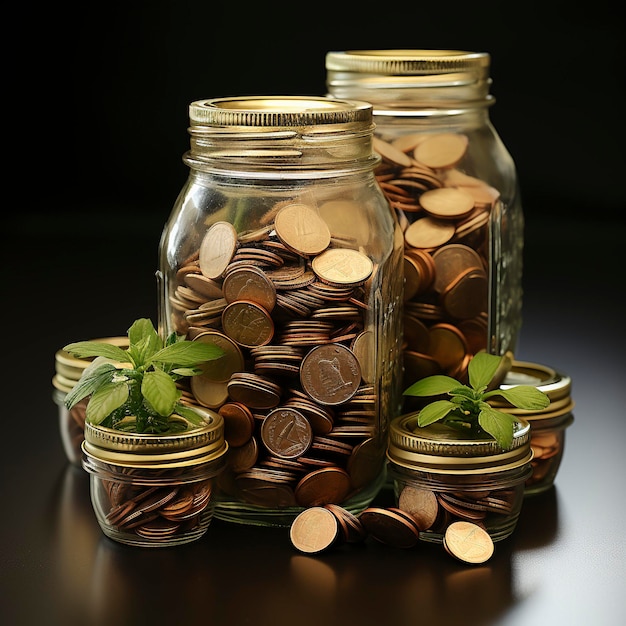 A lot of jars with a stack of coins in it symbolizing the economic grow Investment concept