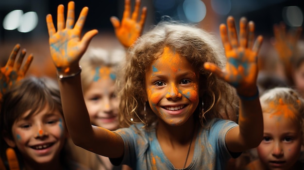 Lot of painted hands raised up Group of multiracial funny children Funny kids