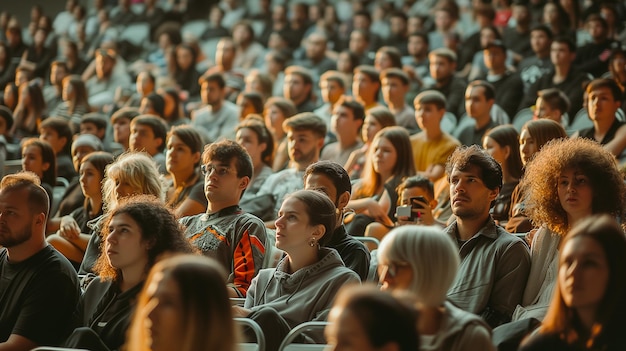 A lot of people are sitting in a large auditorium watching something