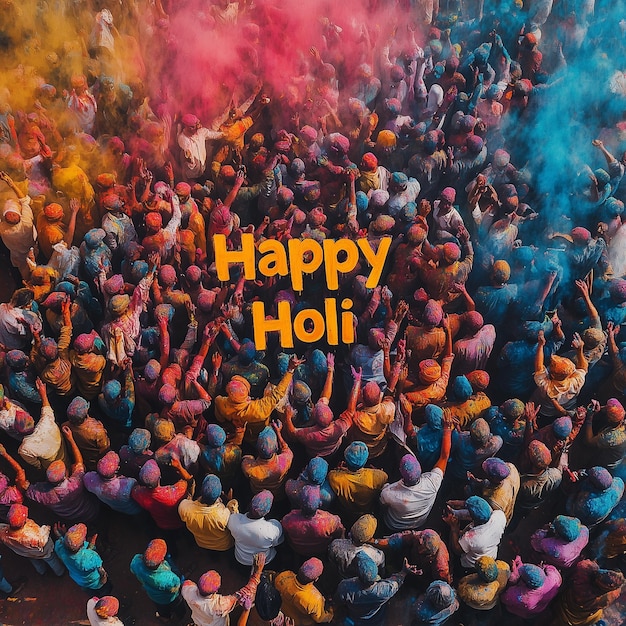 Lot of people celebrating holi very close together in a crowd all in full colors from above