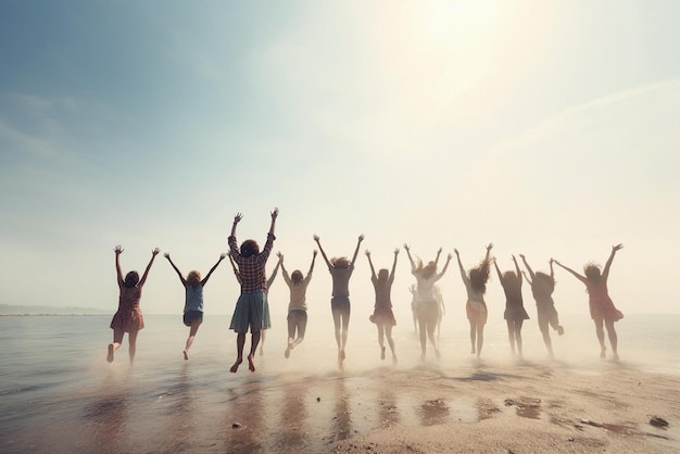 lot of people hands up on a sea beach