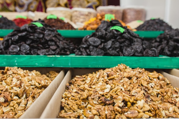 A lot of shelled walnuts at eastern market, close up