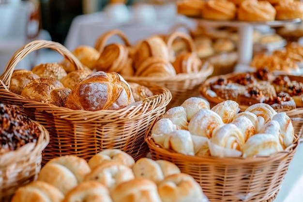 A lot of sweet pastries in baskets on the buffet table Business breakfasts and catering at events