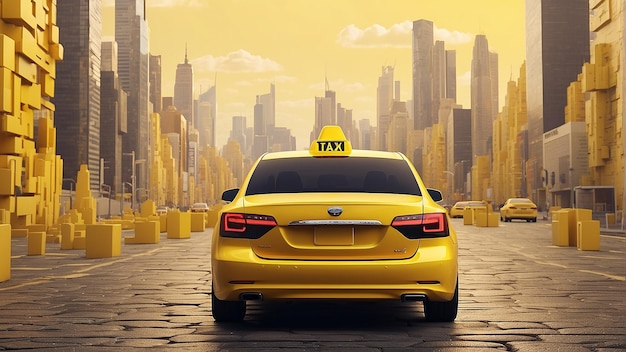 A lot of yellow taxis are on a city street with tall buildings in the background