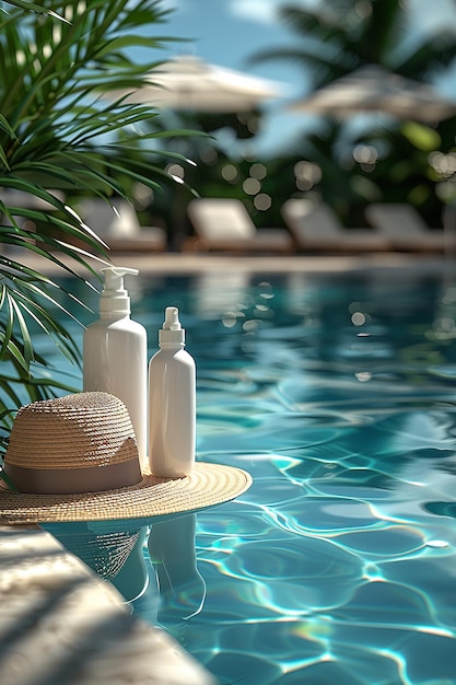 lotion and spray bottle mockup on a beautiful swimming pool generated by AI