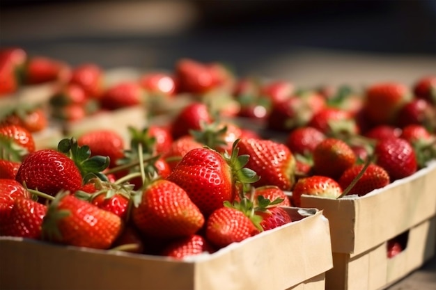 Lots of baskets with fresh ripe strawberries for sale at farmers market closeup Strawberries in boxes strawberry fruits in wooden box selective focus AI generated image