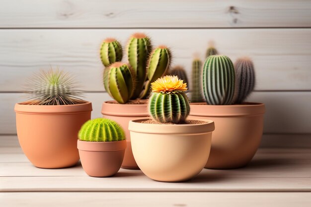 Lots of cacti in clay pots on a white wooden table a photo in a light key Generative AI