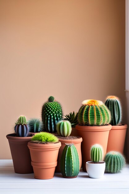 Lots of cacti in clay pots on a white wooden table a photo in a light key Generative AI