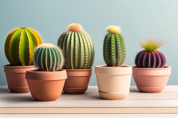 Lots of cacti in clay pots on a white wooden table a photo in a light key Generative AI