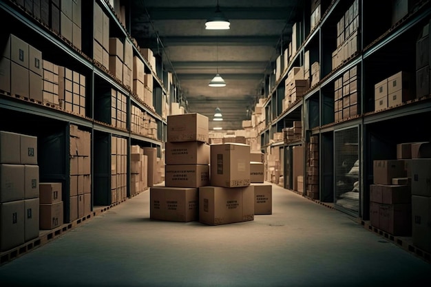 Lots of cardboard boxes on racks and floor in warehouse Generative AI