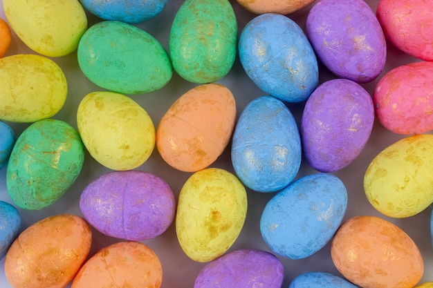 Lots of colorful Easter eggs Top view background