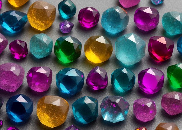 Photo lots of colorful shiny gems gemstones laying on a table table top view nobody