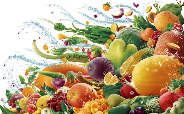 Lots of fruits flying in the air and splashing water