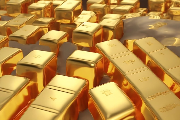 Lots of gold bars are arranged and arranged in a row Conveys business lines and gold