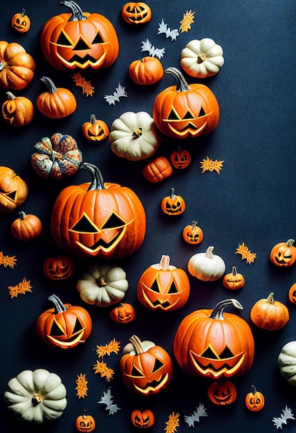 Lots of Halloween pumpkins with faces lying on the surface