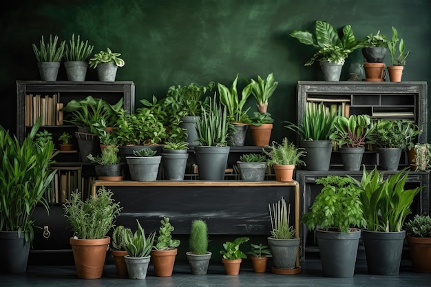 Lots of houseplants in pots near the blackboard Landscaping of the classroom Generative ai