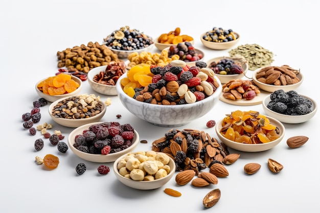 Lots of nuts and dried fruits in bowls Generative AI illustration